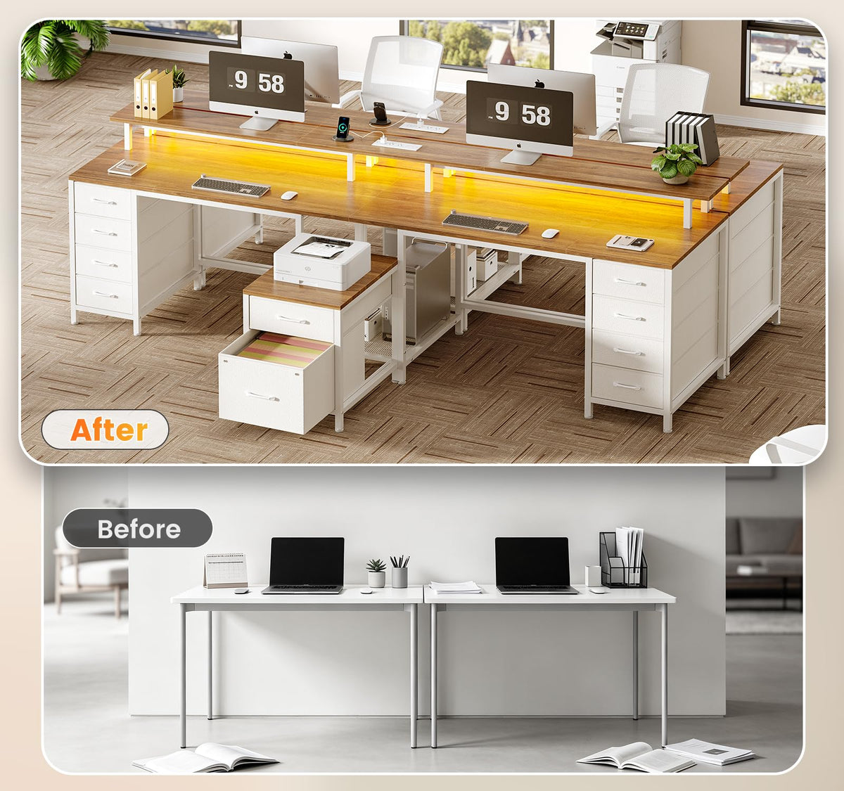 95'' 2 Person Desk with 10 Drawers, Outlets & LED for Gaming, Home Office