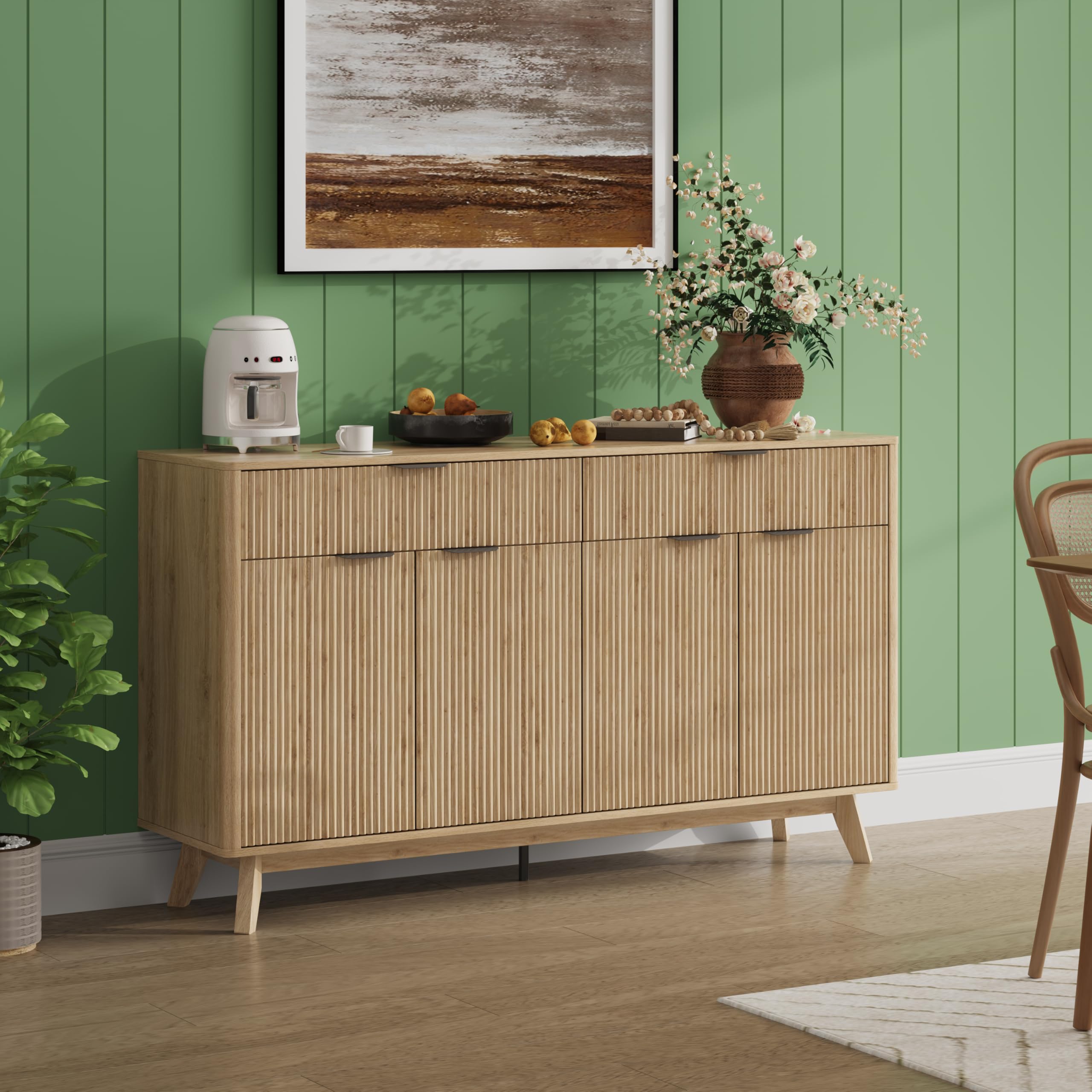 60" Rattan Buffet Sideboard Cabinet with Drawers & Wave Doors