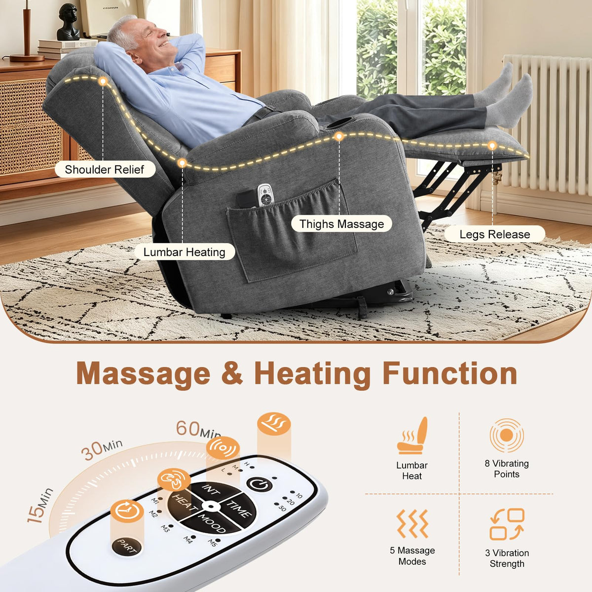Diluvan Power Lift Recliner Chair for Elderly with Massage and Heat,Grey