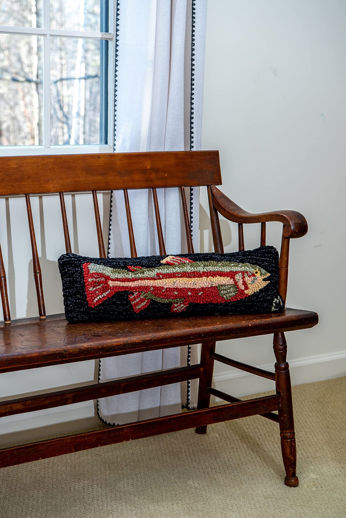 Hand-Hooked Wool Trout Lumbar Pillow