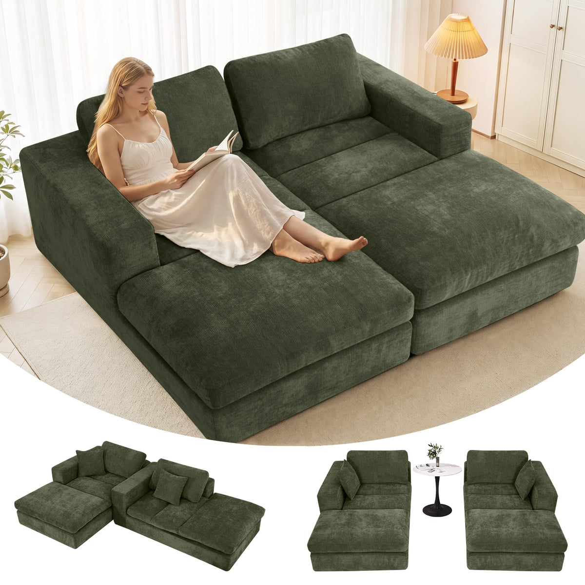 Mifnas Oversized Double Chaise Lounge Chair, Cloud Boneless Sofa Bed, Green