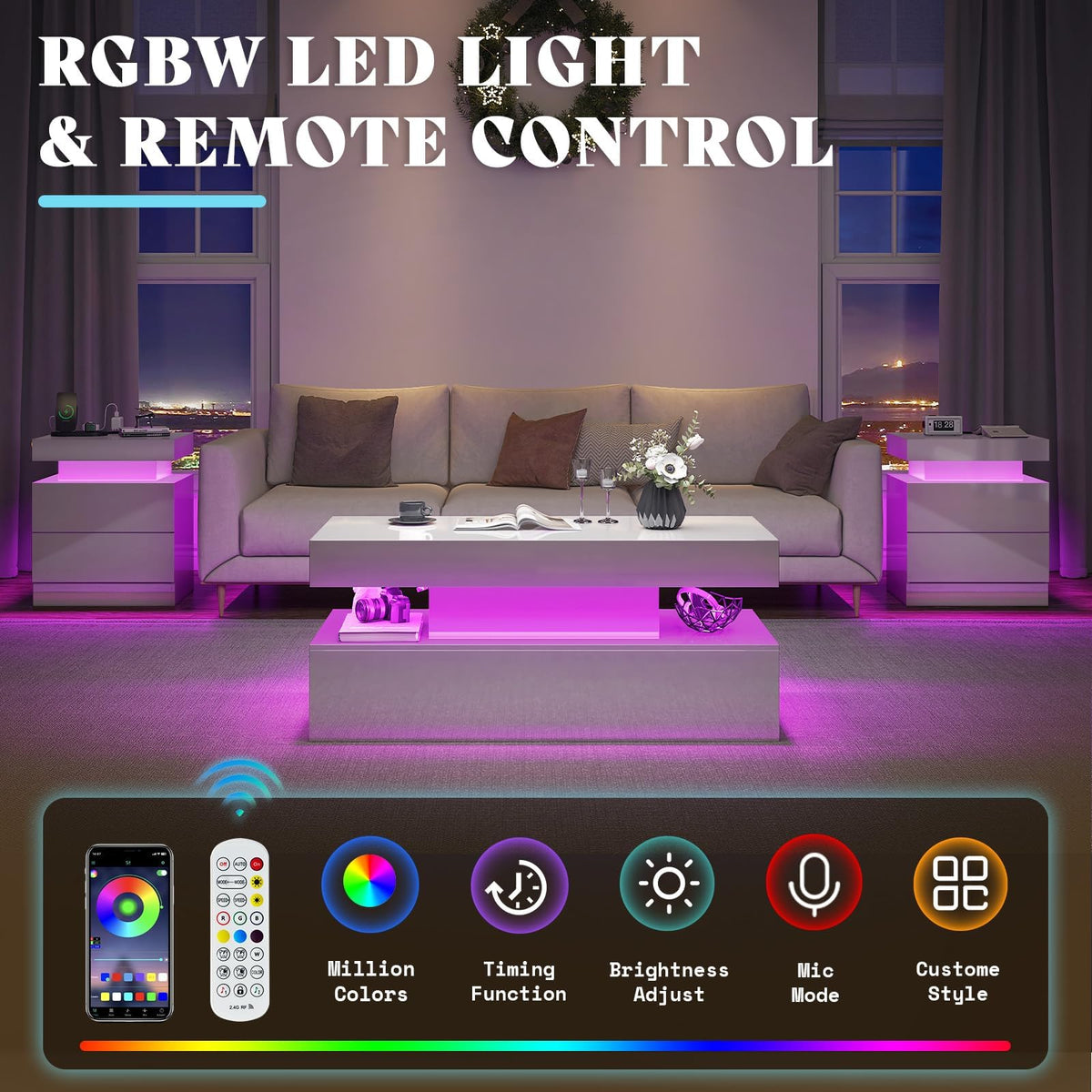AMERLIFE 3-Piece High Gloss Coffee Table Set with LED Lights