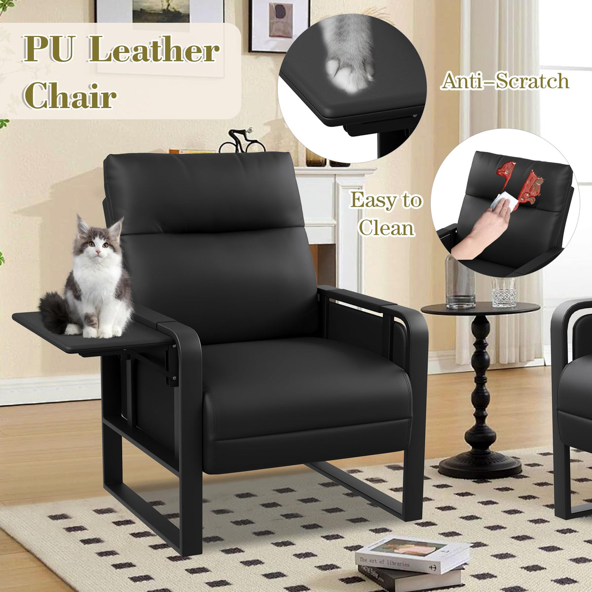 Apeaka Black Accent Chair PU Leather Upholstered Armchair with Side Table