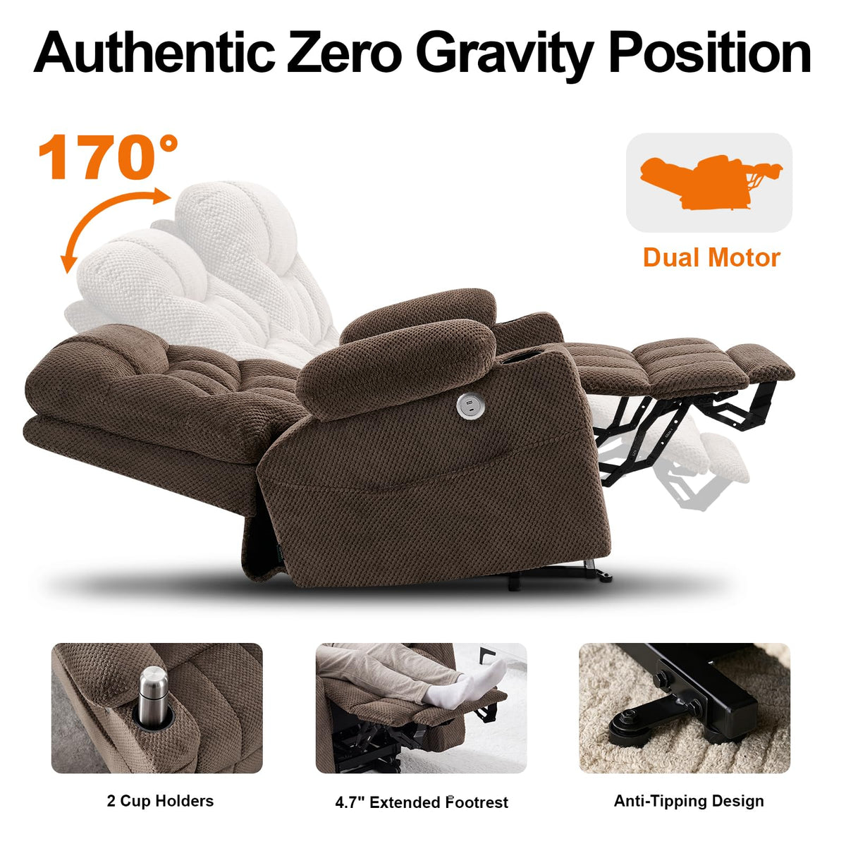 Dual Motor Power Lift Recliner Chair for Elderly, Extra Wide Infinite Position Lift Chair, Lay Flat Reclining Chair for Big & Tall Adults, Heavy Duty with Extended Footrest, Brown