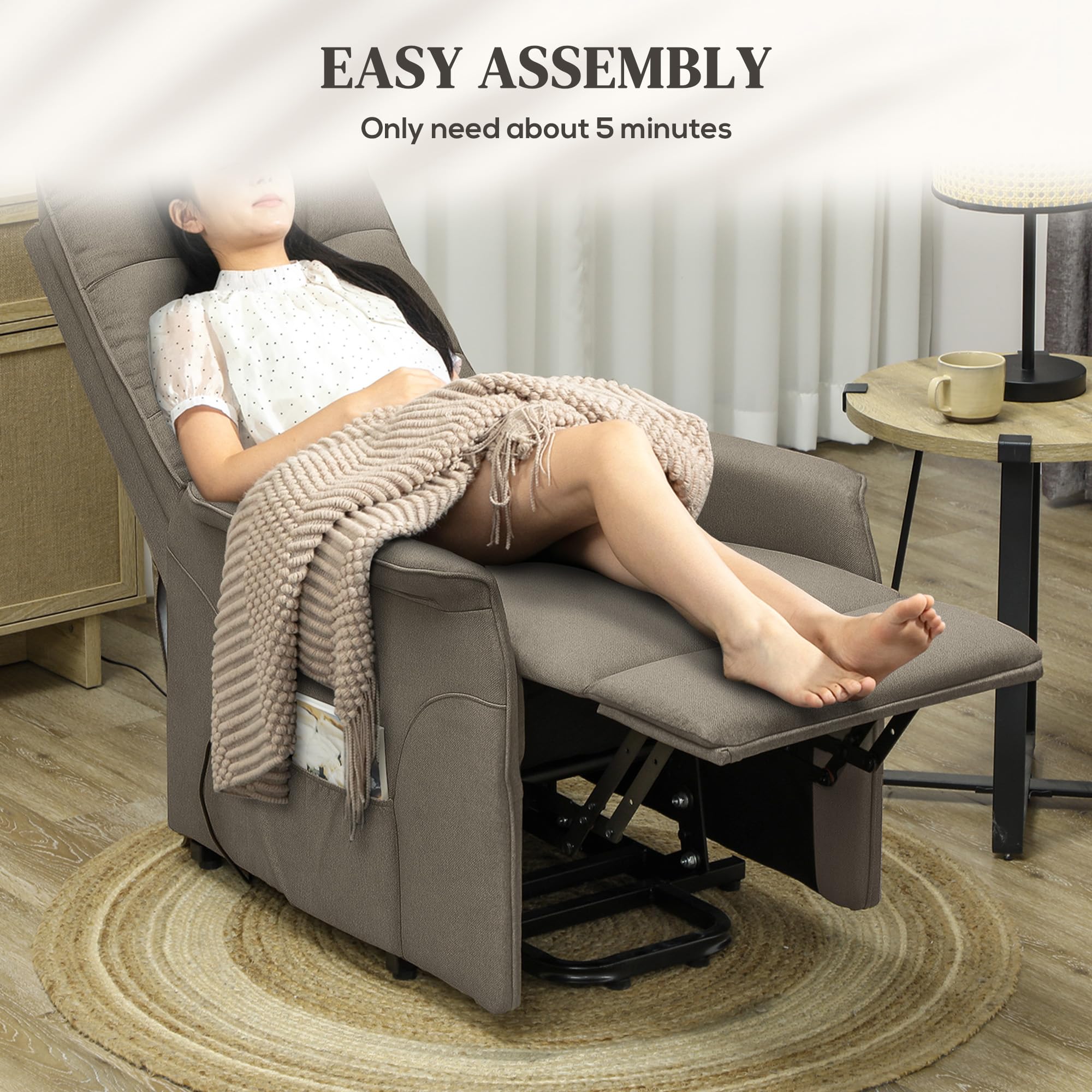 HOMCOM Power Lift Recliner Chair for Elderly, Fabric Lift Chair Sofa with Remote Control, Side Pockets, Pocket Spring, Tufted Back, Quick Assembly, Coffee