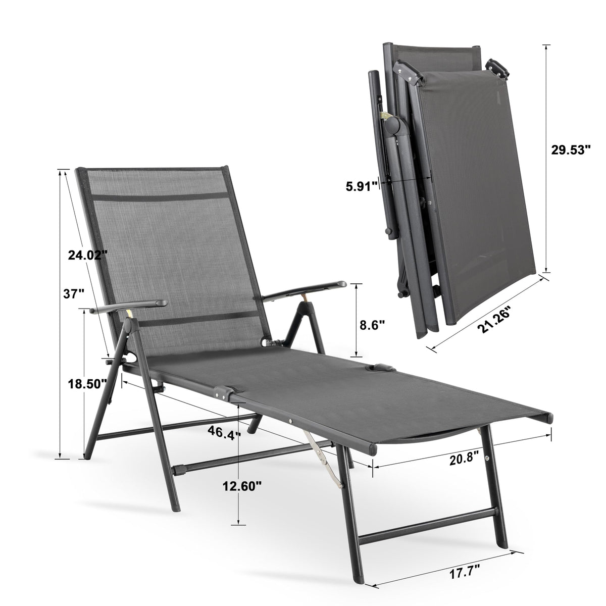 NUU GARDEN Outdoor Patio Lounge Chair, Patio Chaise Lounge Fully Assembled Chaise Lounge with Iron Frame and Textilene Fabric Lounge Chairs for Patio, Beach, Yard, Pool,Grey