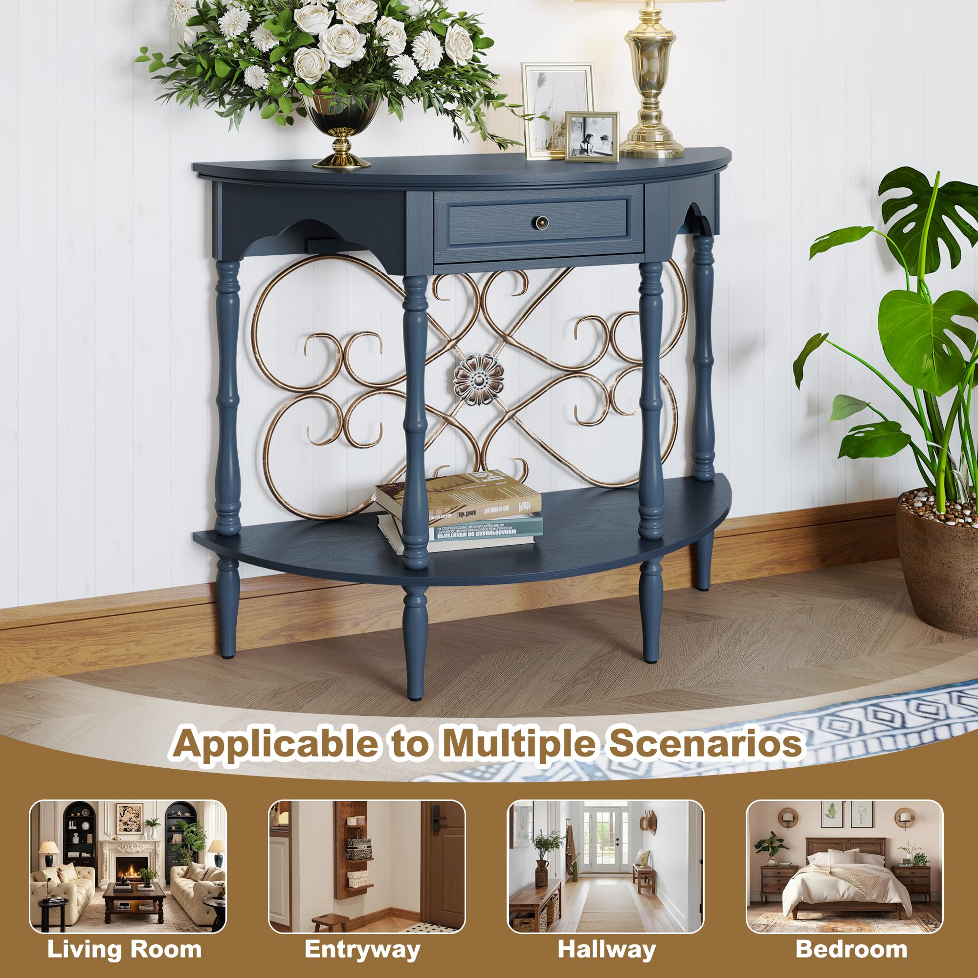 Half Moon Console Table with Drawer & Shelf
