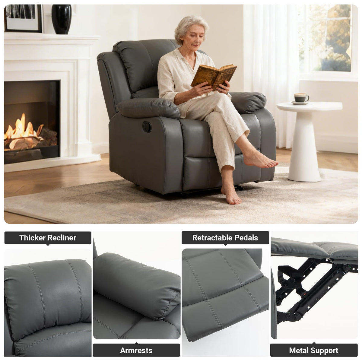 Culect Manual Recliner Chair, Lazy Leather Recliner, Perfect for Lounging in the Living Room, Home Theater and Bedroom, an Excellent Gift for Home