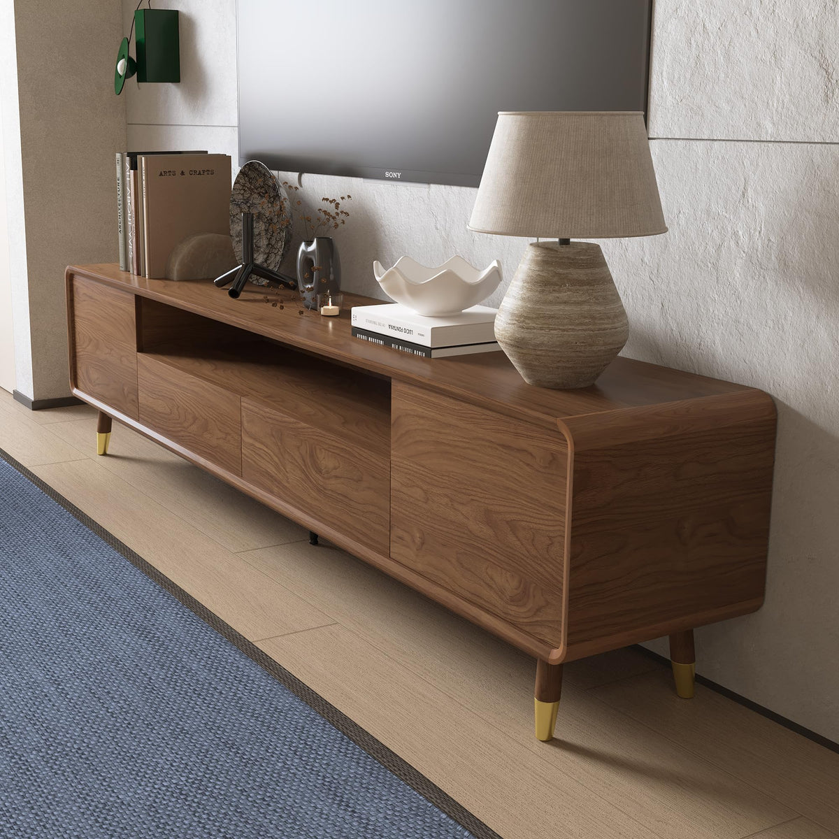 86.61" TV Stand for 85" TV, Media Console with Storage Drawers, Walnut