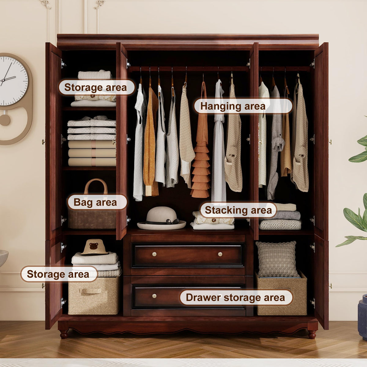 Solid Wood Wardrobe with Drawers
