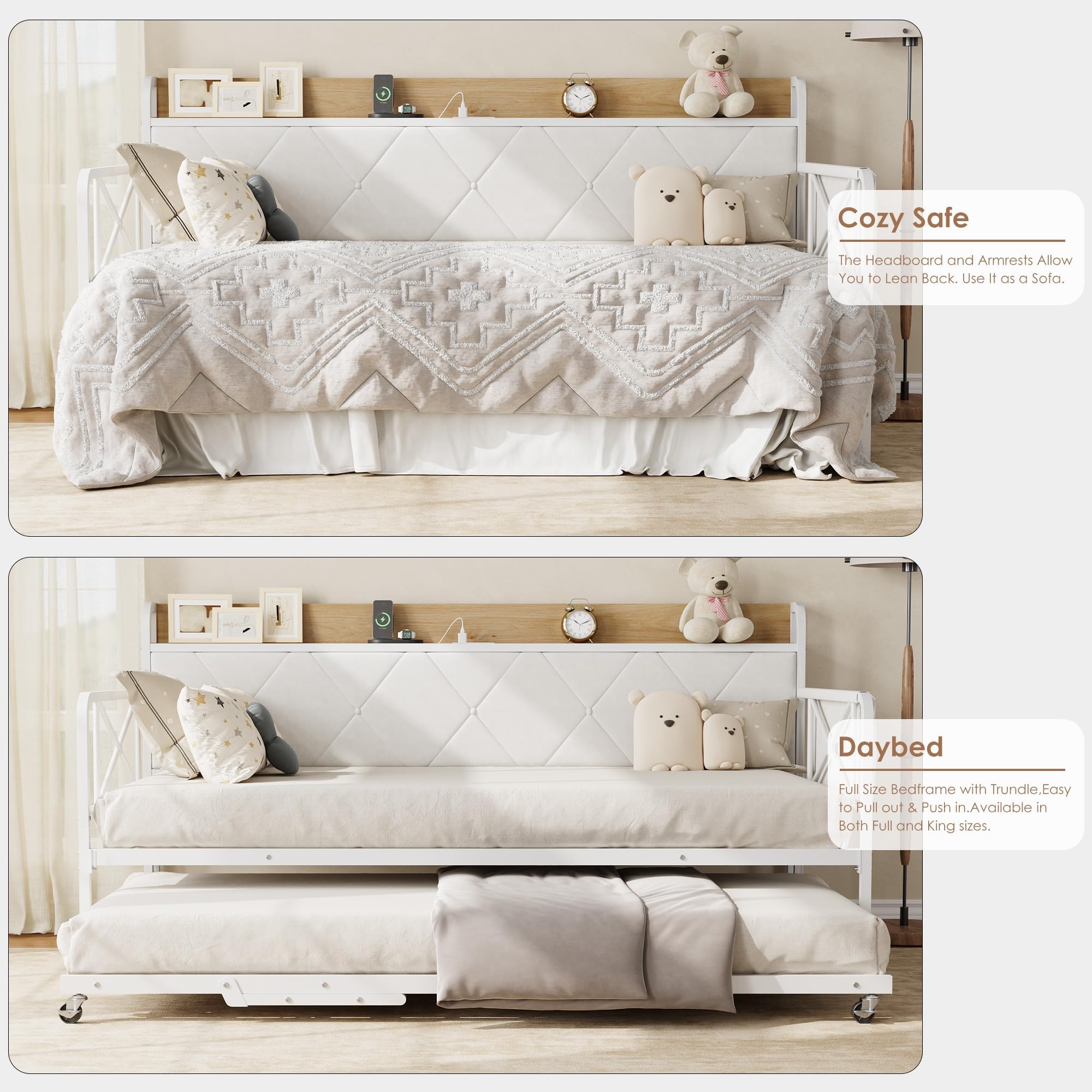Twin Daybed with Trundle, LED Light & Charging Station