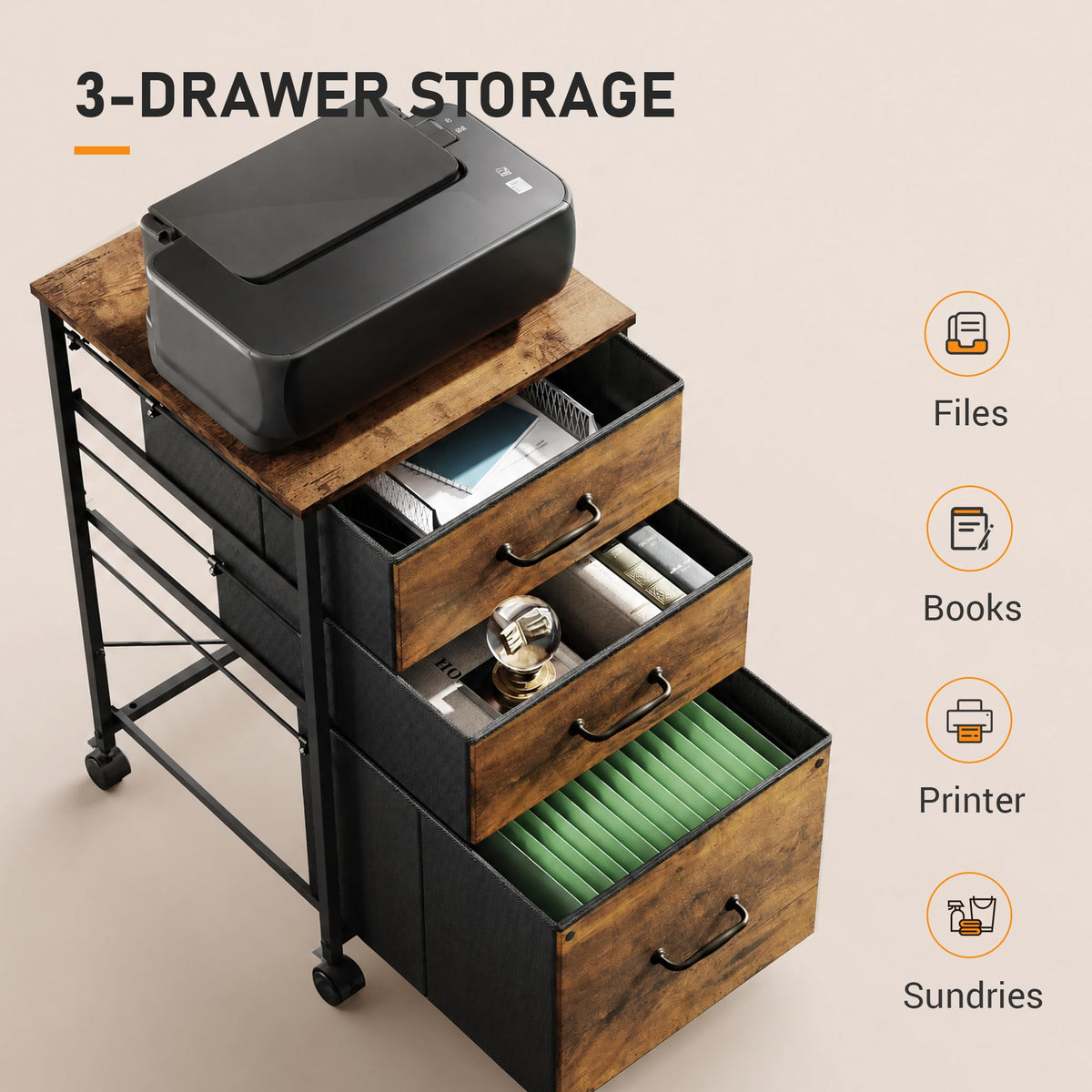 3-Drawer Rolling File Cabinet