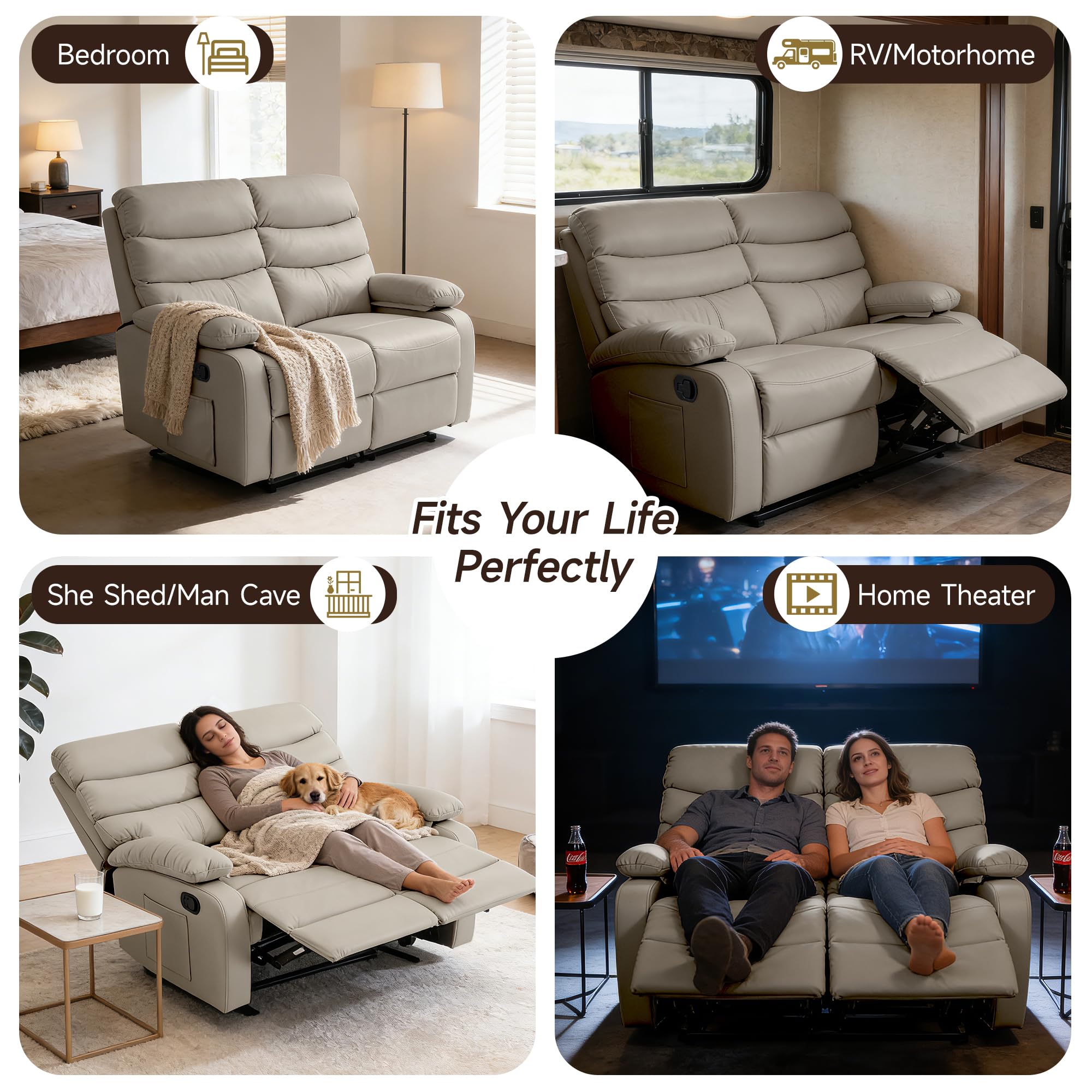 GNMLP2020 Reclining Loveseat Sofa, Anti-Scratch Leather Manual Loveseat Recliner with Side Pocket, Wall Hugger Loveseat Recliner for Living Room, RV, Home Theater(Beige)