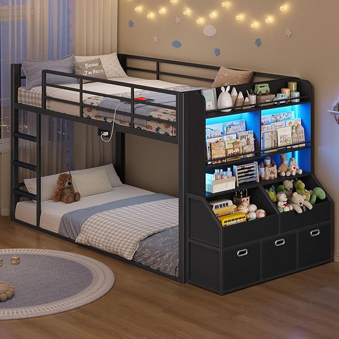 Twin Over Twin Low Bunk Bed with Storage & RGB Lights
