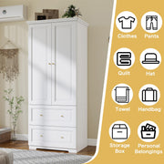 LABROSKIA White Wardrobe with 2 Drawers: 74" Wooden Wardrobe Closet for Hanging Clothes, Tall Armoire Closet with 2 Doors, Bedroom Armoires with Hanging Rod (32")