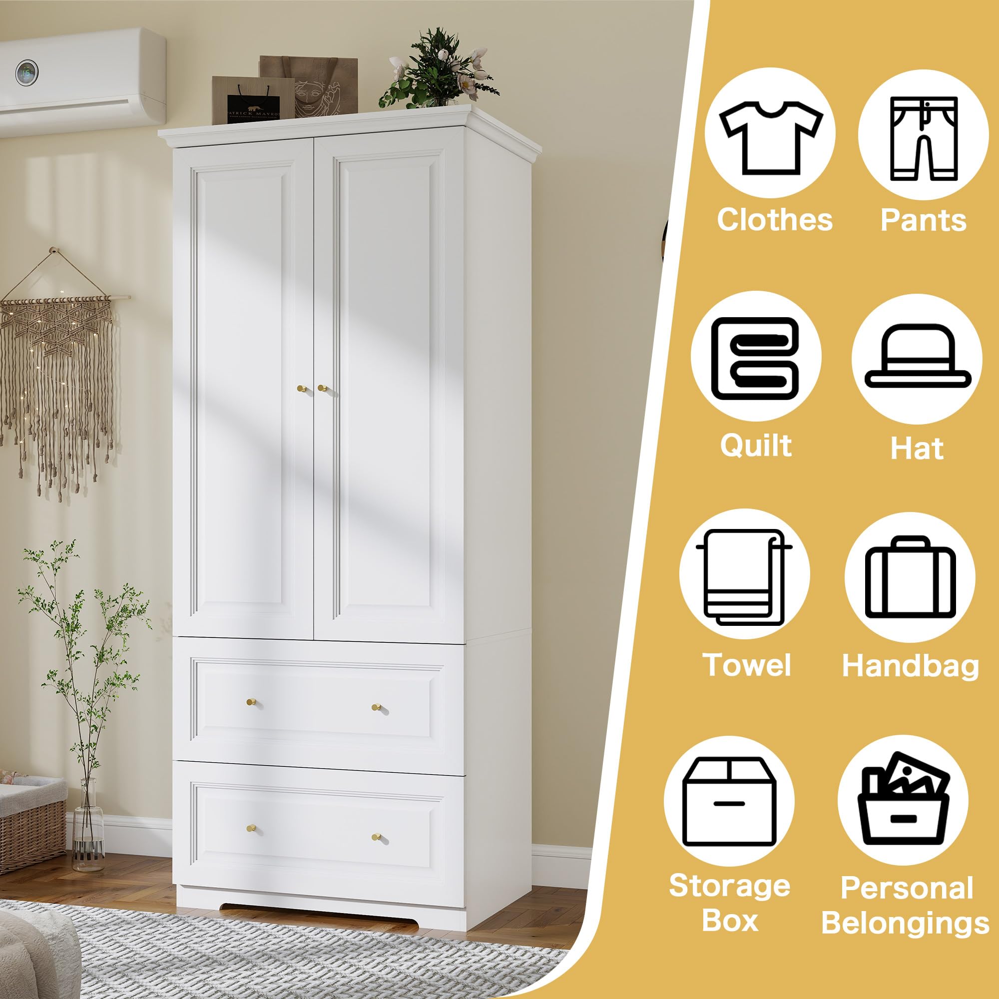 LABROSKIA White Wardrobe with 2 Drawers: 74" Wooden Wardrobe Closet for Hanging Clothes, Tall Armoire Closet with 2 Doors, Bedroom Armoires with Hanging Rod (32")