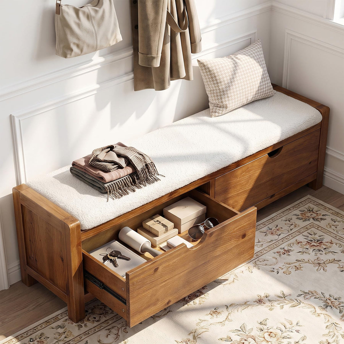 55" Wood Entryway Bench with 2 Storage Drawers, Upholstered Storage Bench