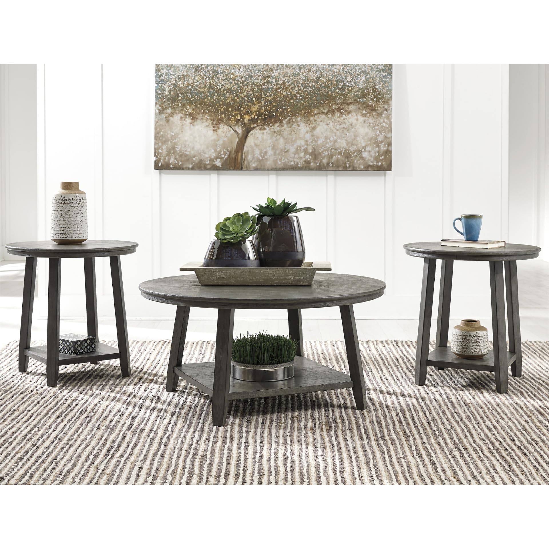 Signature Design by Ashley Caitbrook Neutral 3 Piece Table Set with Coffee & 2 End Tables, Grayish Brown