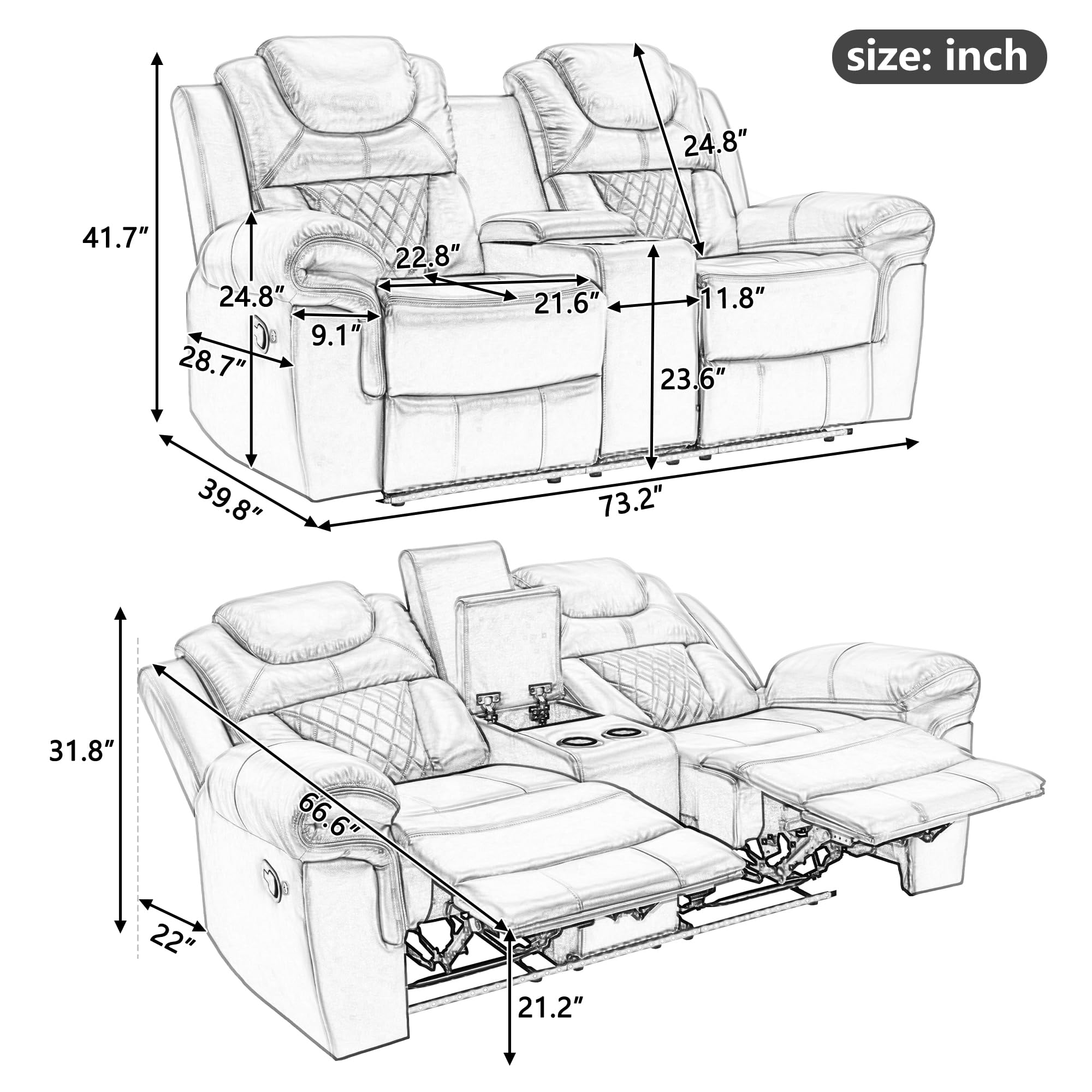 Manual Recliner Loveseat with LED Light Strip