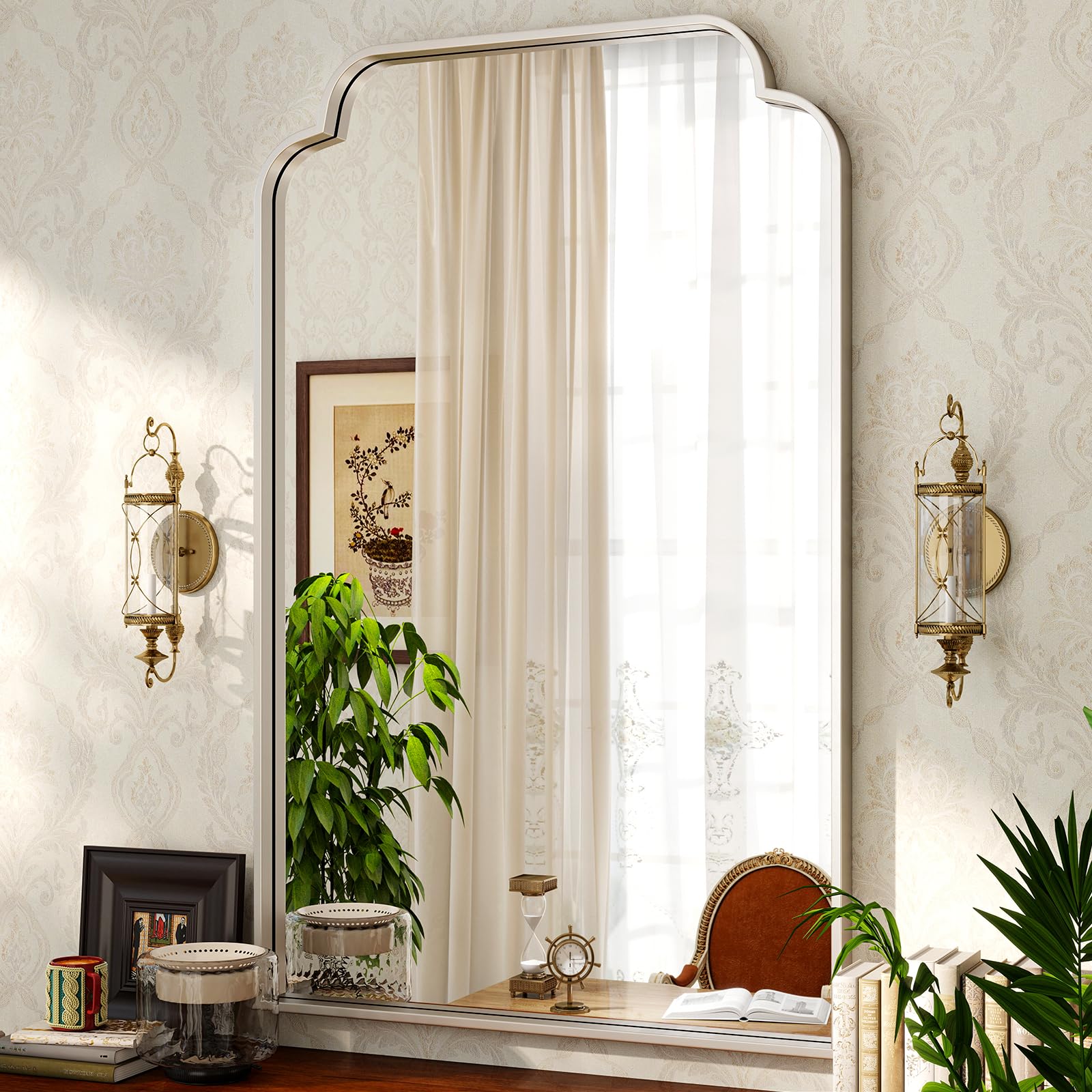XRAMFY 30" x 48" Silver Arch Bathroom Mirror, Wall Mounted Vanity Mirror with Metal Frame, Modern Decorative Scalloped Wall Mirror for Sink, Bedroom, Living Room, Entry, Farmhouse Home