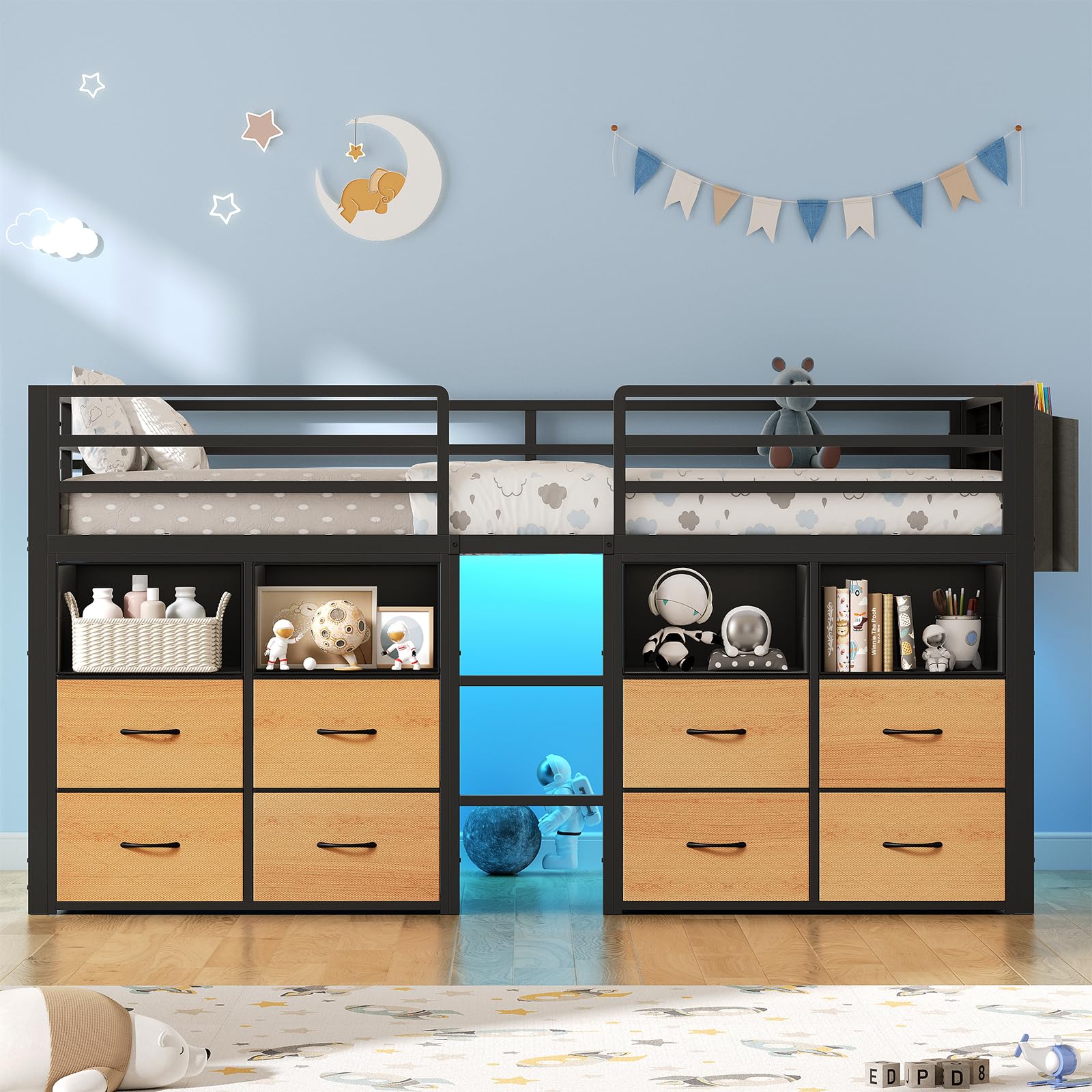 ADORNEVE Low Loft Bed Twin Size with 8 Storage Drawers, Twin Loft Bed with Bookcase and LED Lights, Metal Kids Loft Bed with 14" H Safety Guardrail, Under-Bed Play Space, No Box Spring Needed, Natural