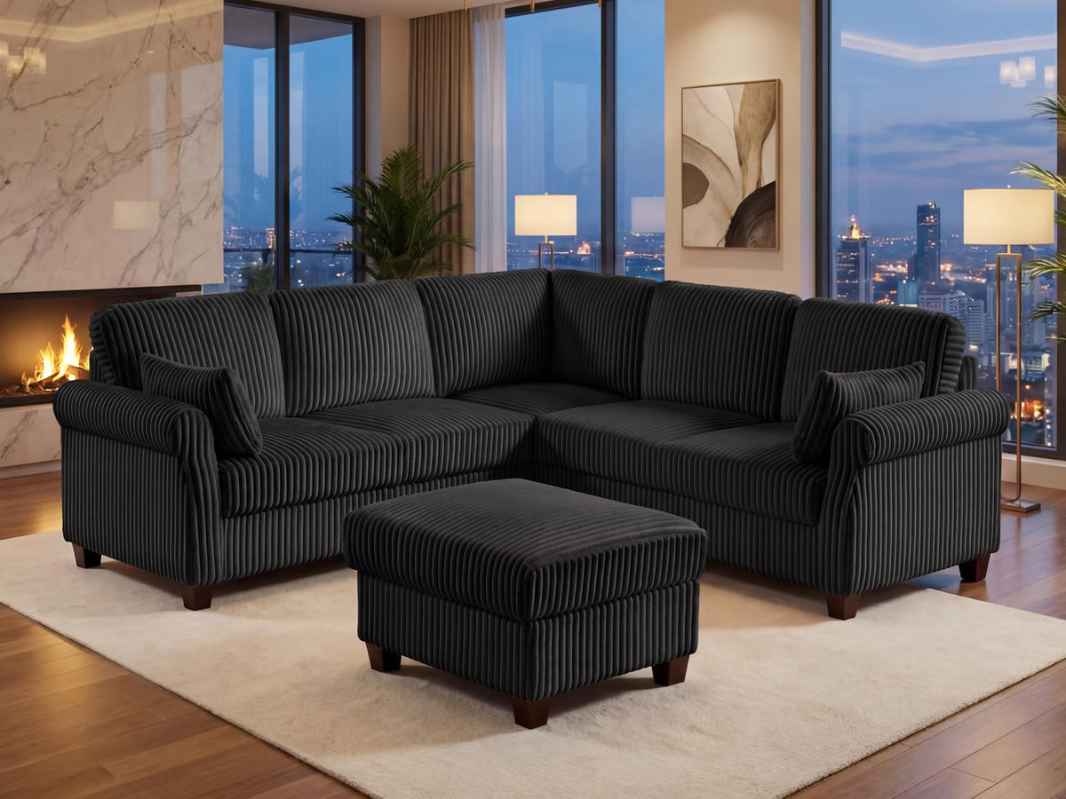 Corduroy Sectional Sofa with Storage Ottoman