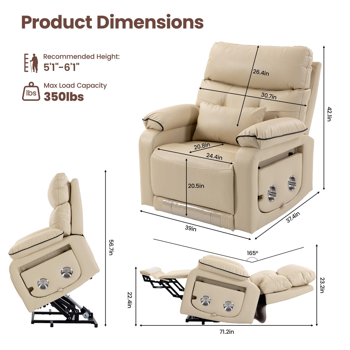 FiveWillowise Power Lift Recliner Chair for Elderly,Lift Assist Stand,Brown