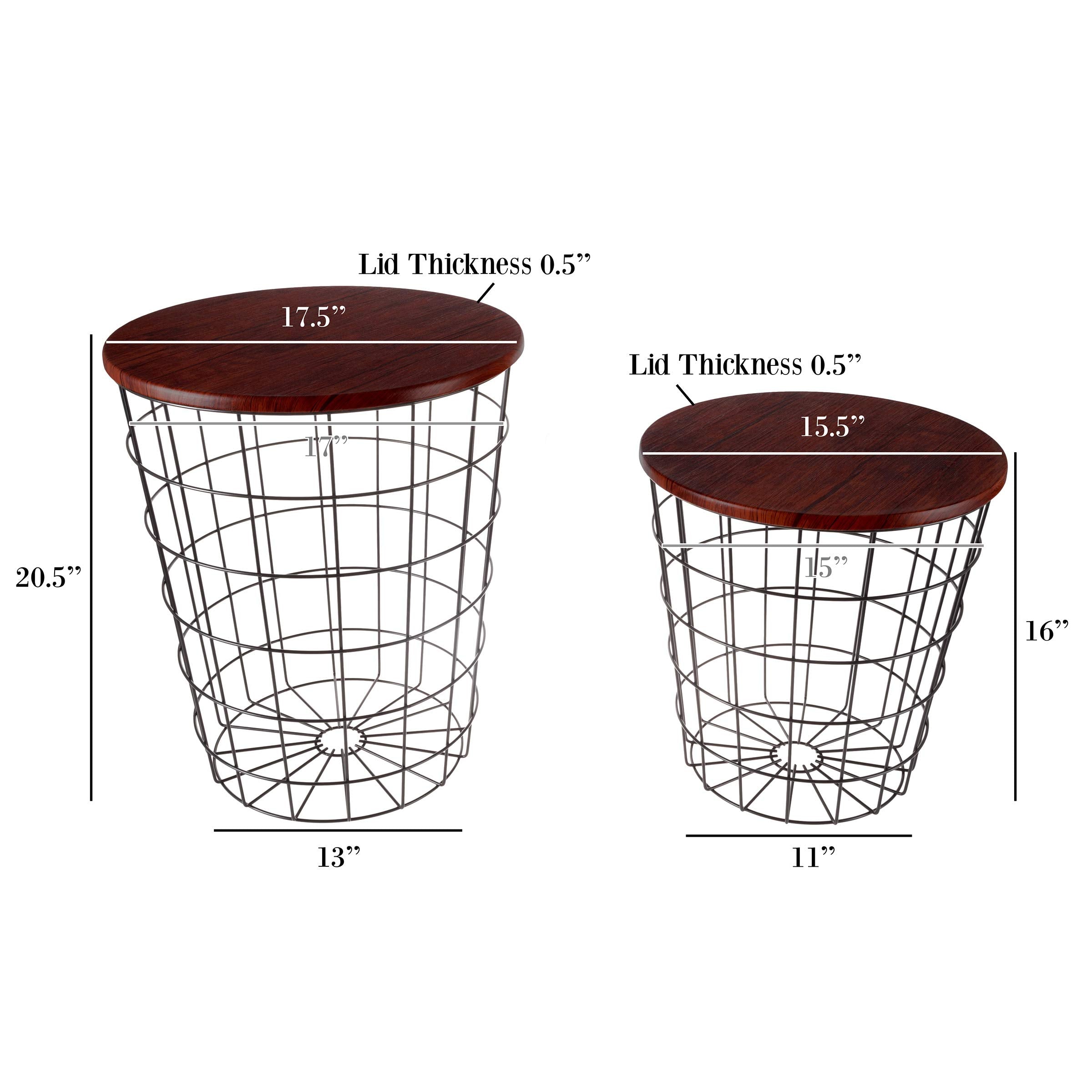 Nesting Side Tables Set of 2 with Wood Tops & Wire Baskets
