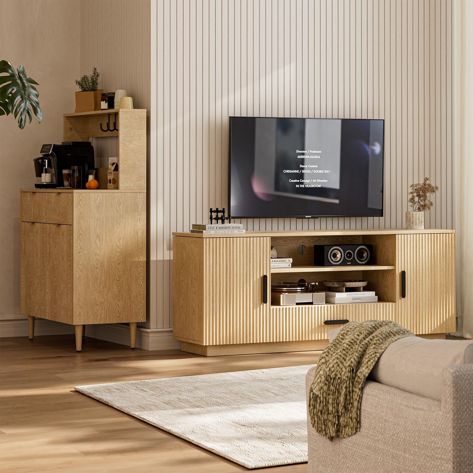 Fluted TV Stand with Storage Cabinets & Drawer, Fits TVs Up to 70"