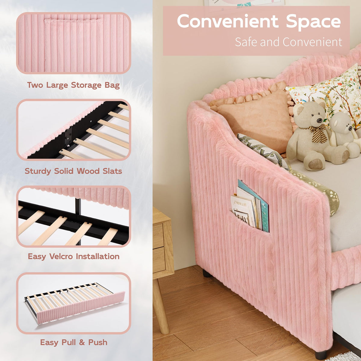 Twin Size Faux Fur Upholstered Daybed with Trundle, Side Pockets, Pink