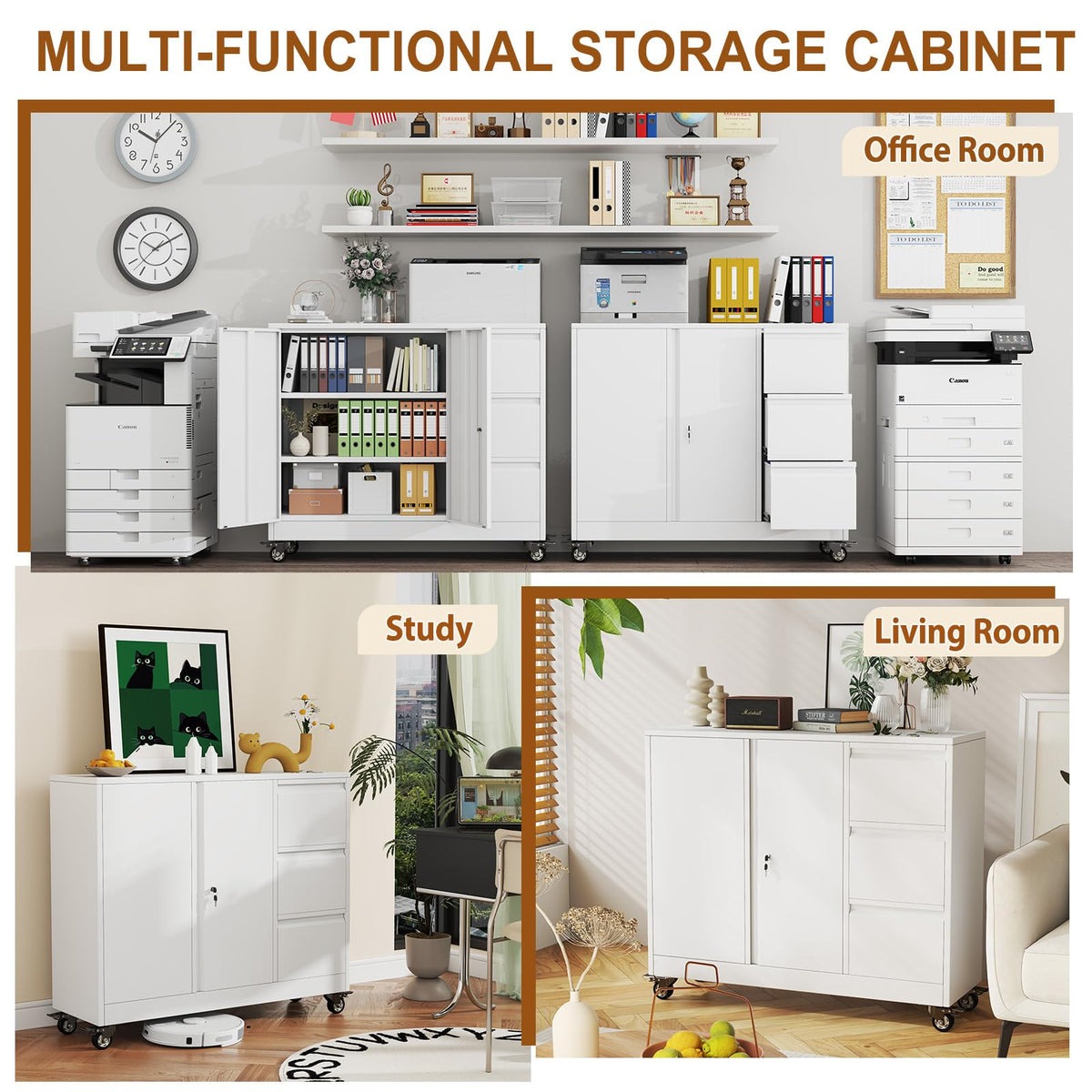 White 3-Drawer Rolling File Cabinet