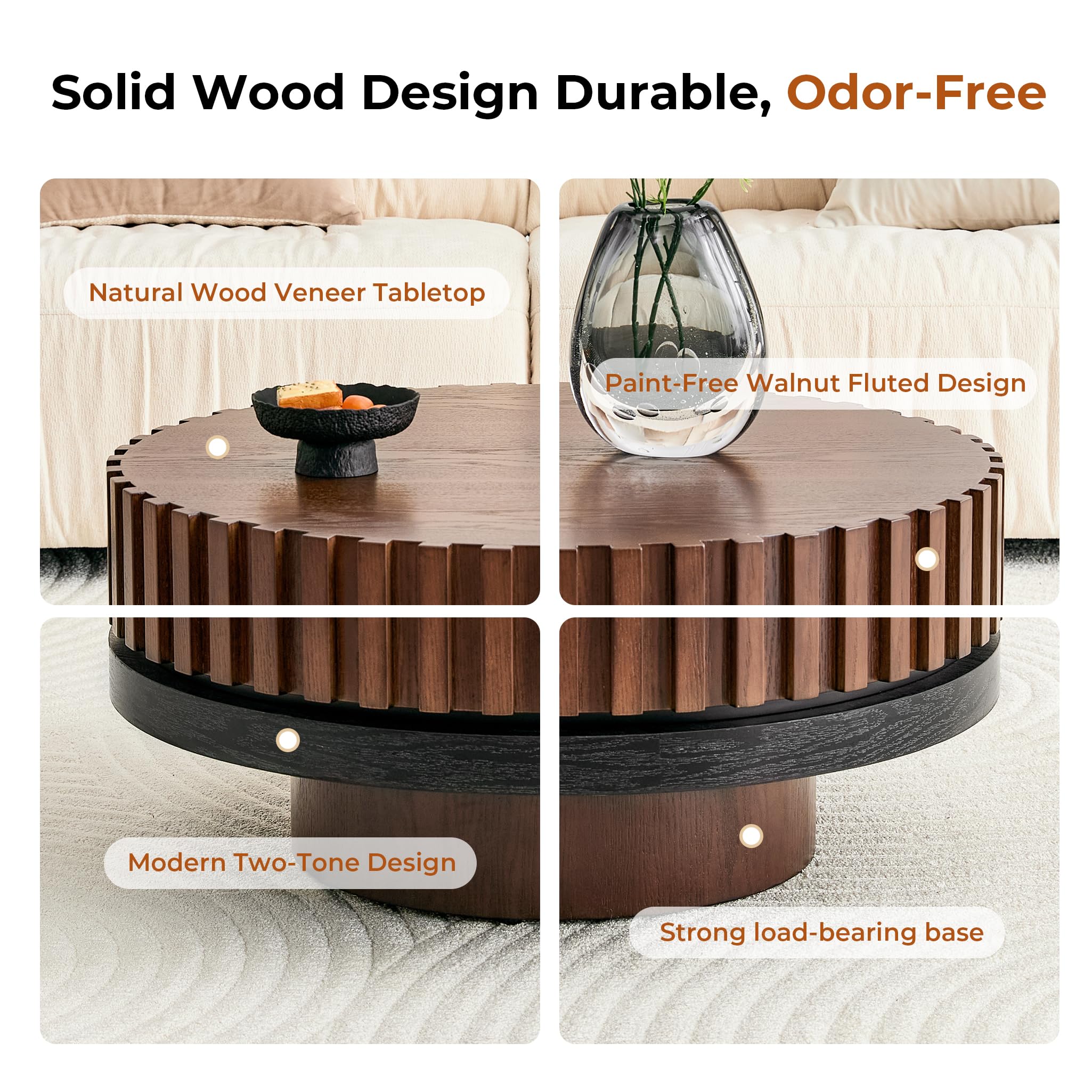 LKTART 31.5" Fluted Drum Coffee Table, Round Center Table with Black Walnut Accent & Textured Base, Easy Assembly, Mid-Century Modern Wood Veneer Cocktail Table for Living Room, Apartment, Office