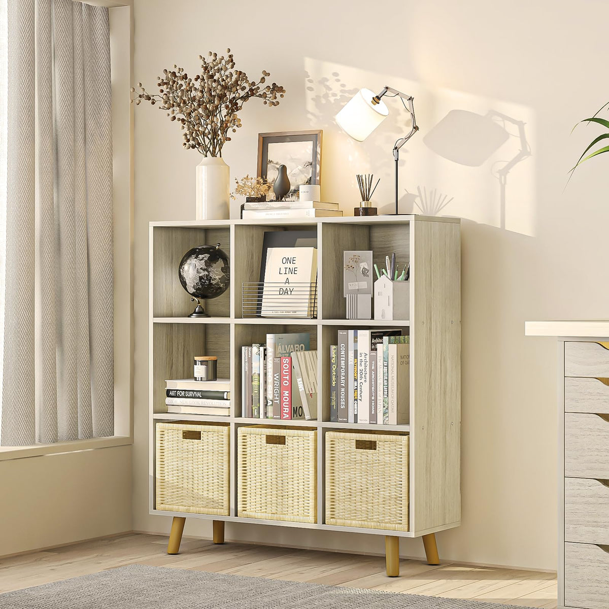 ELYUP 9-Cube Open Shelf Bookcase - 3-Tier Wooden Bookshelf with Legs, Oak