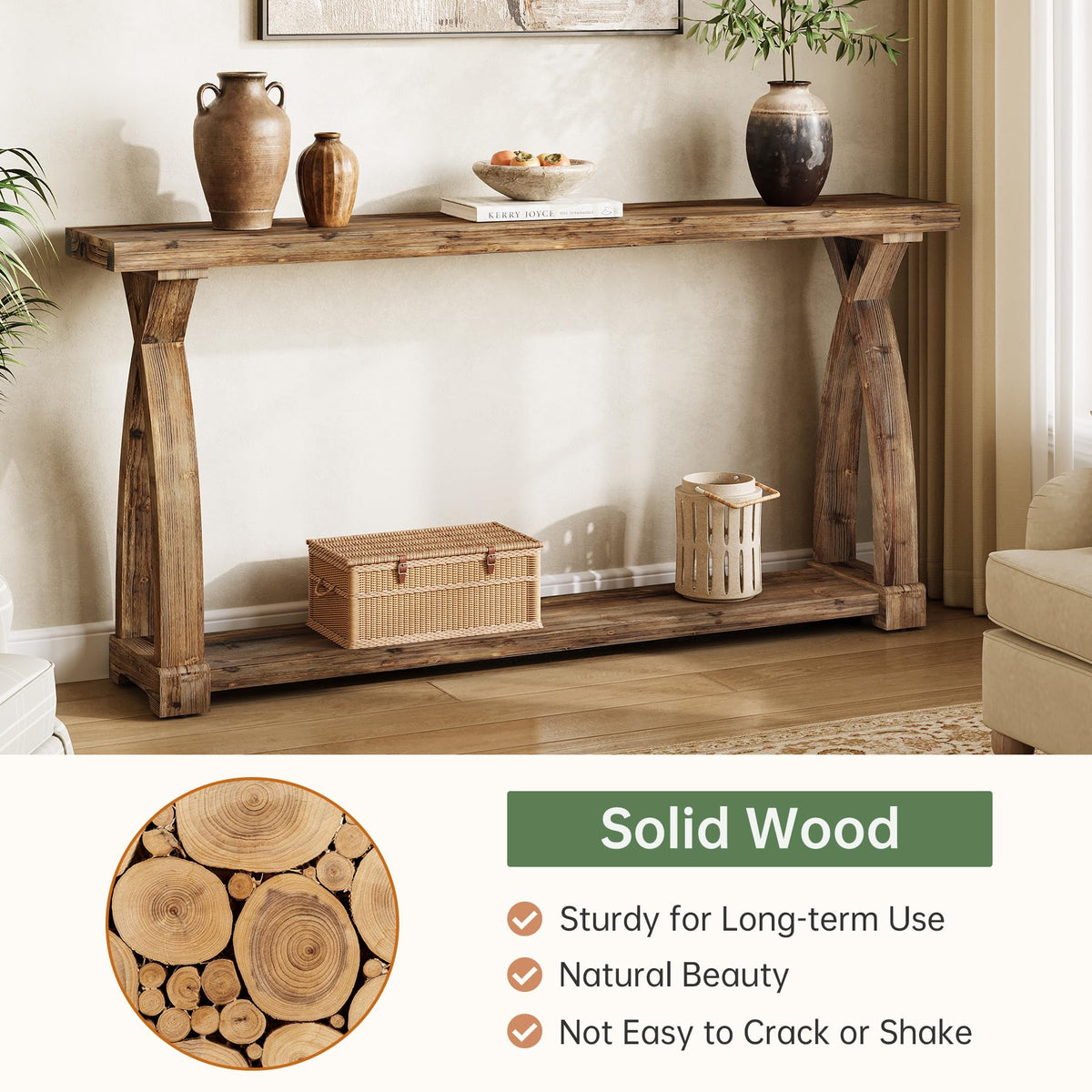 TRIBEWOOD Solid Wood Console Table for Entryway, 63-Inch Narrow Farmhouse Couch Table Behind Sofa with 2-Tier Storage for Entrance, Foyer, Living Room, Long, Rustic Brown