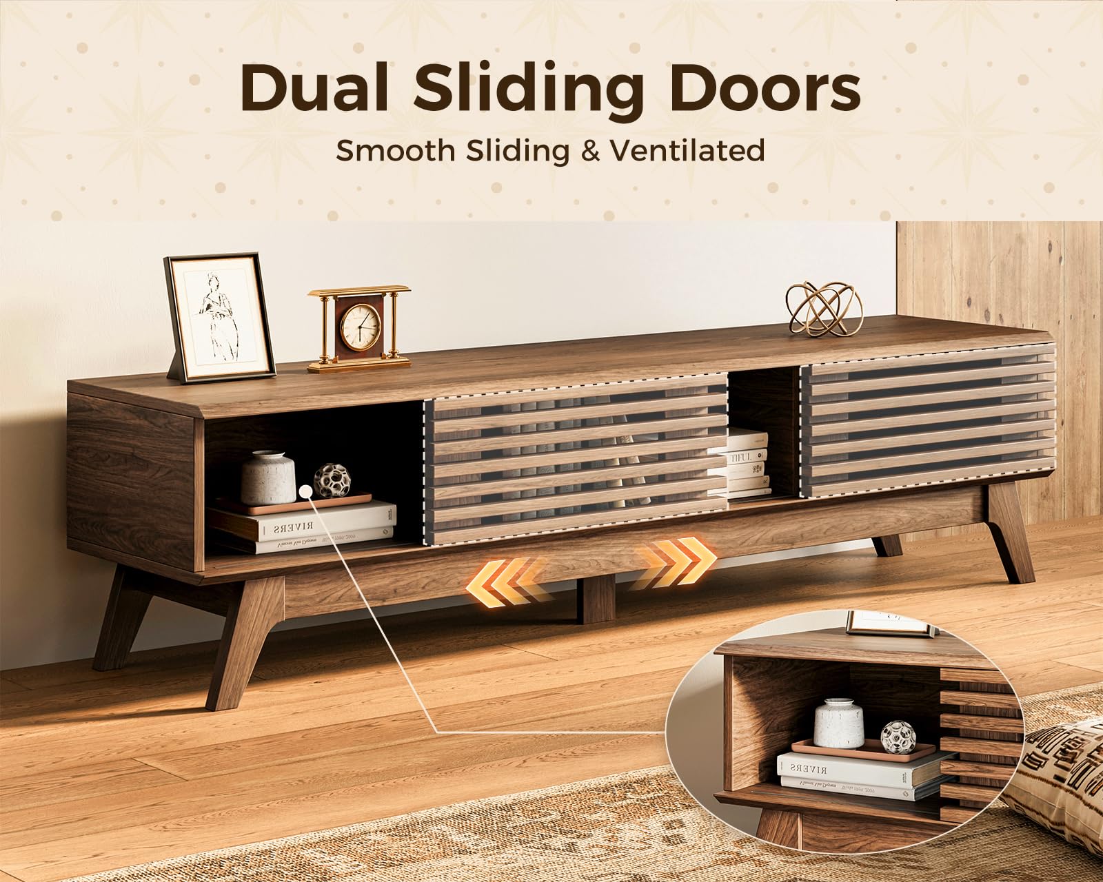 Mid-Century Fluted TV Stand with Sliding Doors & Storage