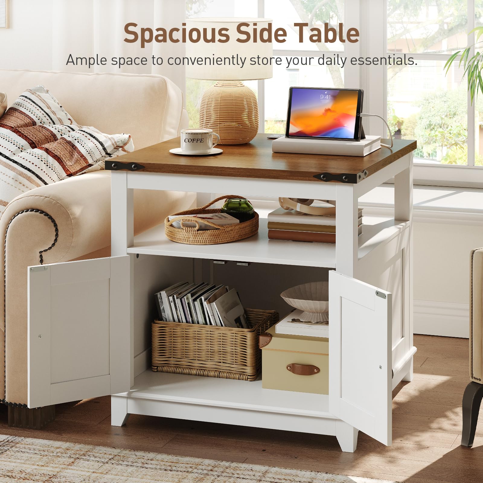 Farmhouse End Table with Charging Station and Barn Door