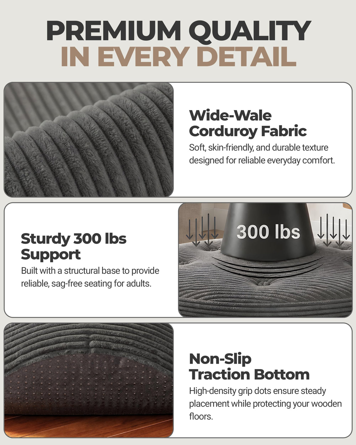 Fabulcozy 23.6in Round Pouf Ottoman, Corduroy Footstool Foot Rest Seating