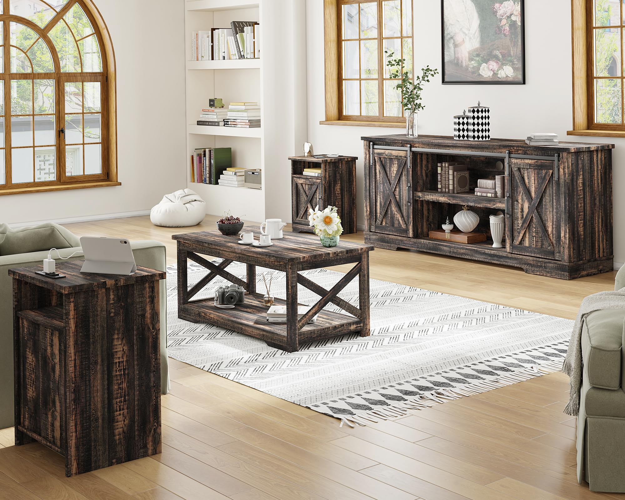 AMERLIFE 4-Piece Farmhouse Table Set Includes Sliding Barn Door TV Stand, Coffee Table& Two End Tables, Side Table with Charging Station and USB Ports, for Living Room, Dark Oak, 66"