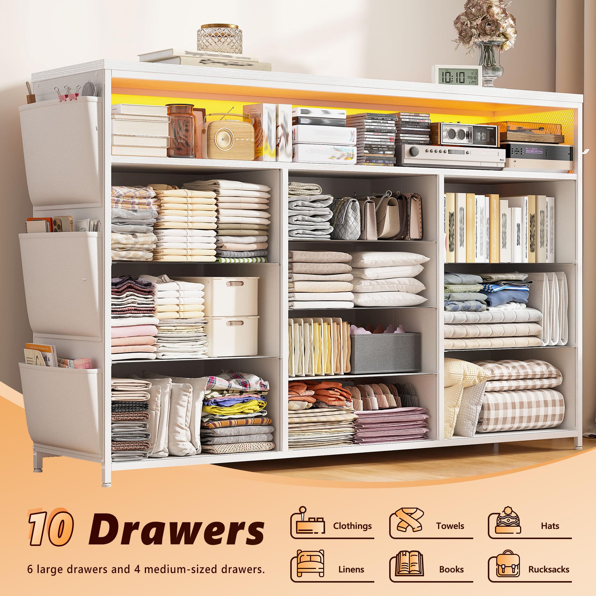 EnHomee 10 Drawer Dresser for Bedroom with Wood Open Shelves, 55" TV Stand for Bedroom with Power Outlets and LED Lights, Fabric Dressers & Chest of Drawers with Side Pocket, White