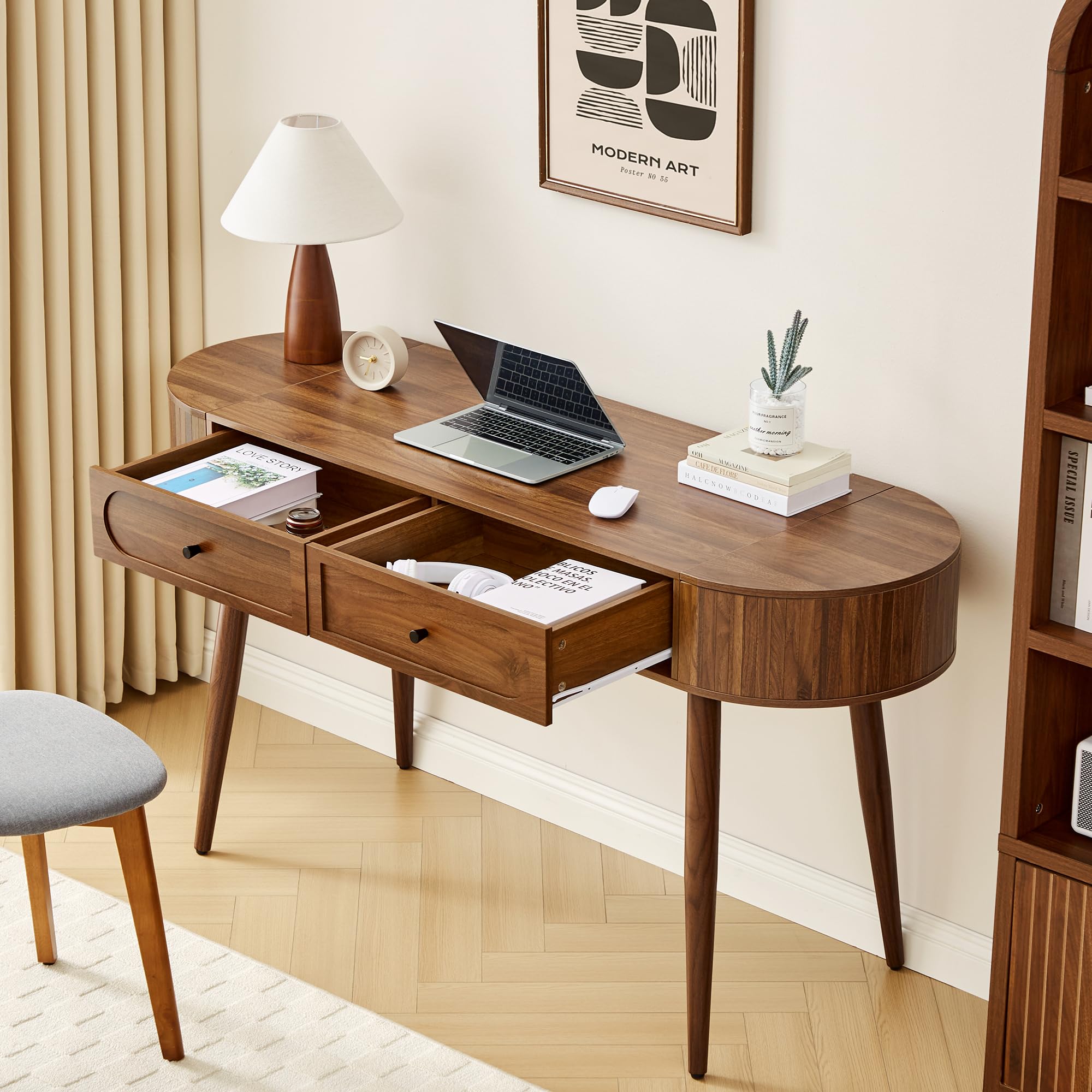 Mid-Century Oval Writing Desk with Drawers & Flip Storage