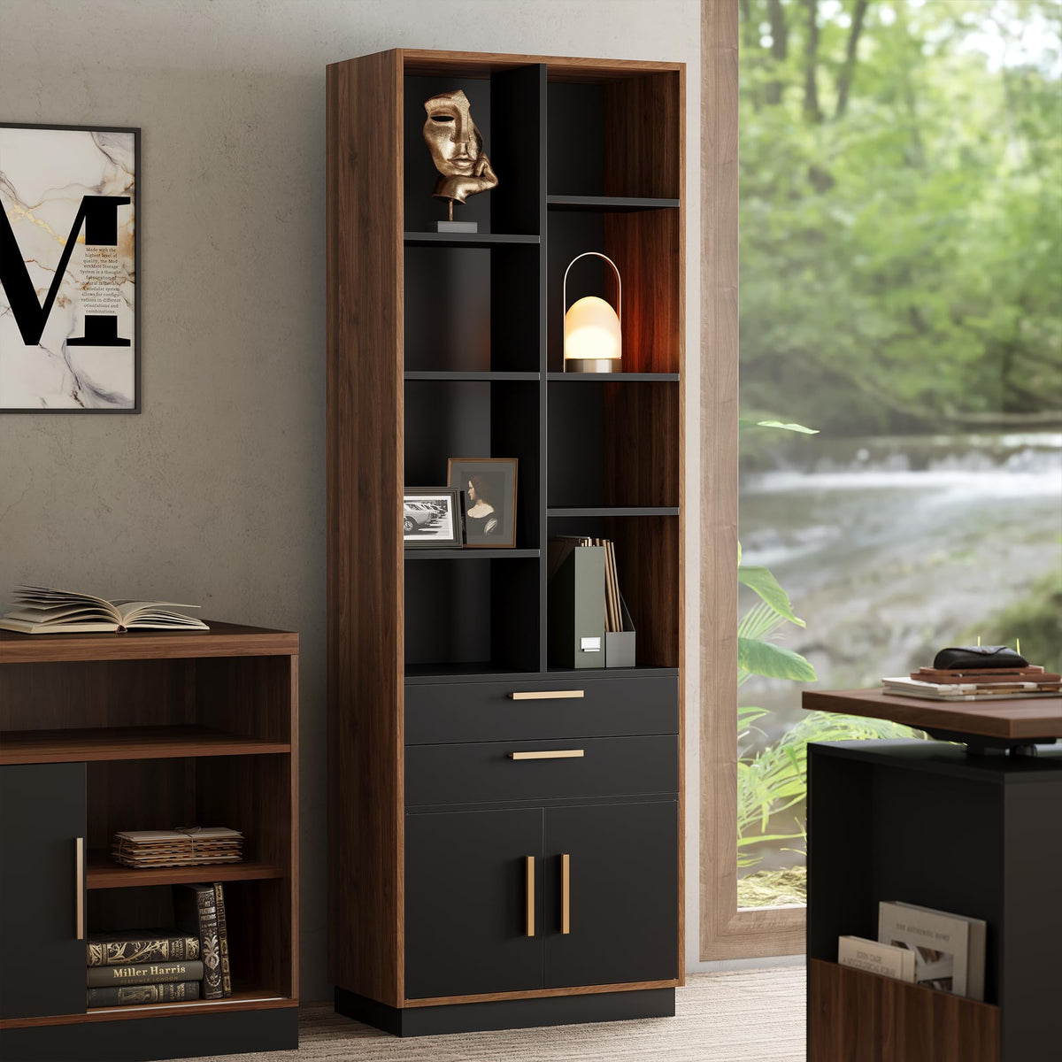 ModernMate 73.3" Bookcase with 2 Drawers and Doors, 8 Storage Cubes