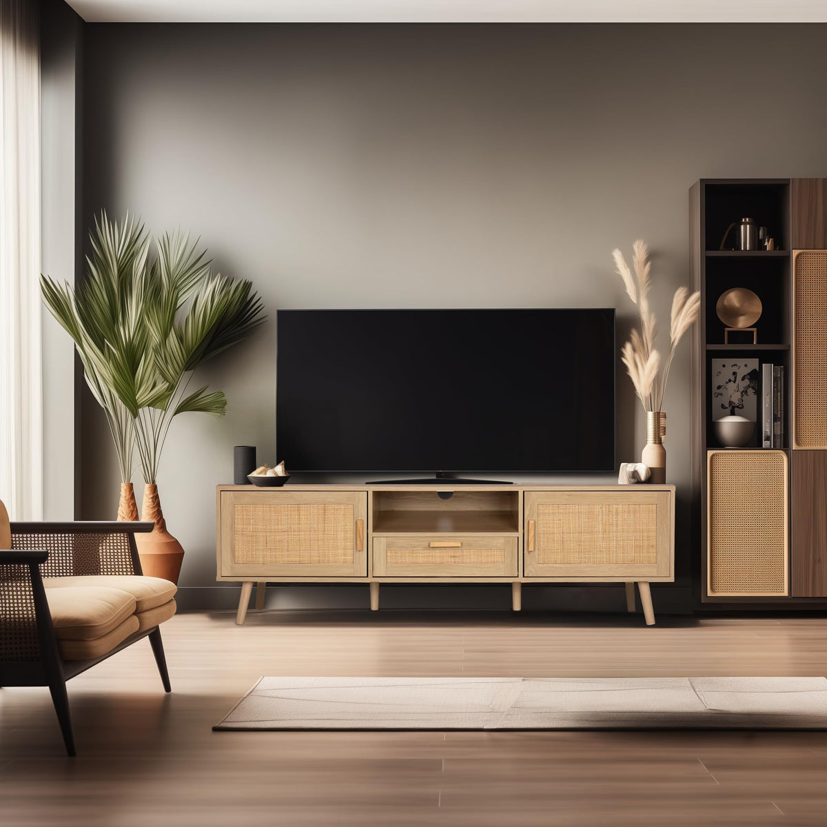 Finnhomy 59 Inch Boho TV Stand for up to 70 inch TV, TV Console with 2 Hand Made Rattan Decorated Doors, Living Room Entertainment Center TV Table with Storage, Natural