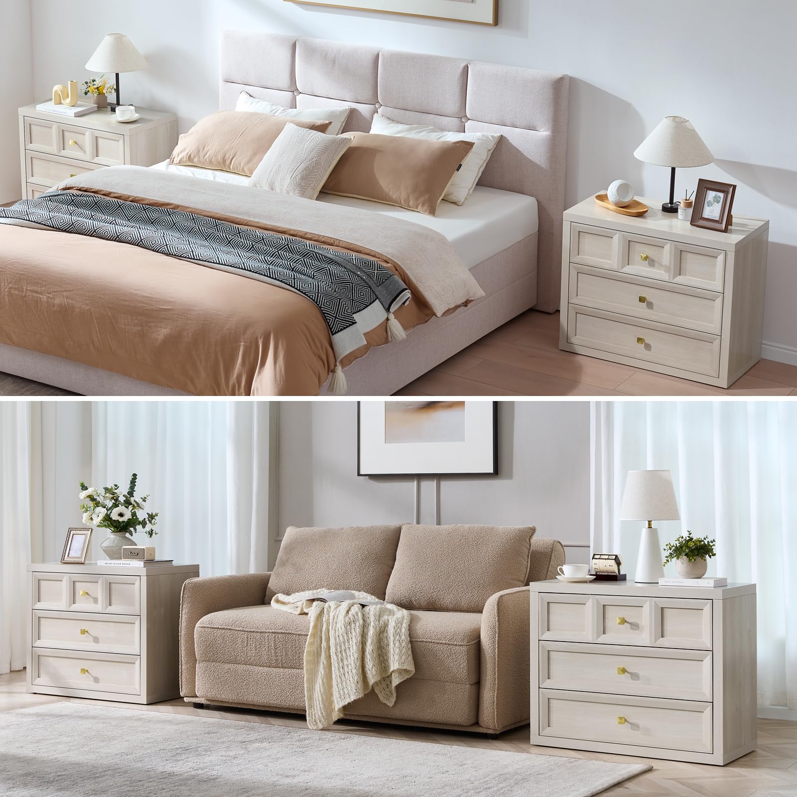 Modern 3-Drawer Nightstand Set of 2 with Charging Station