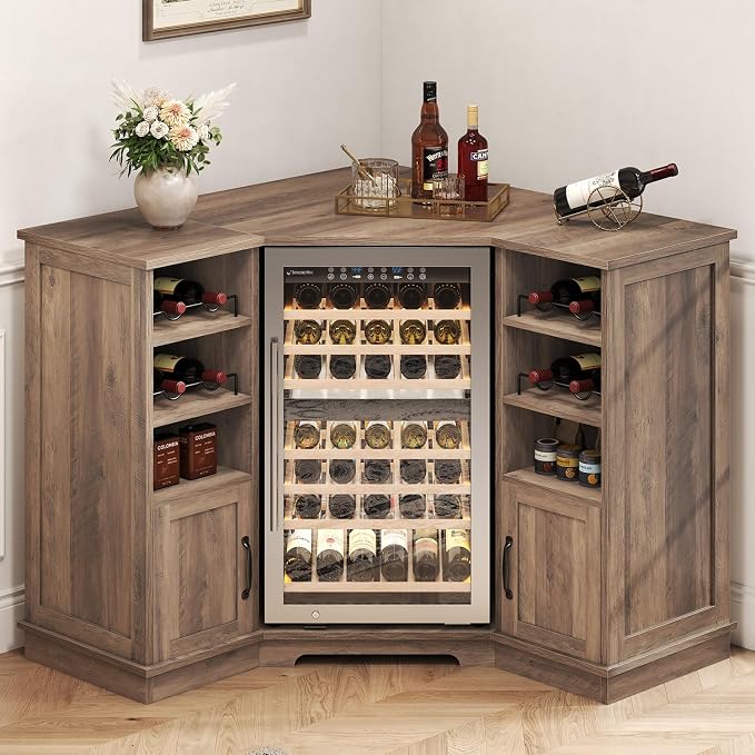 L-Shaped Corner Bar Cabinet with Mini Fridge Space