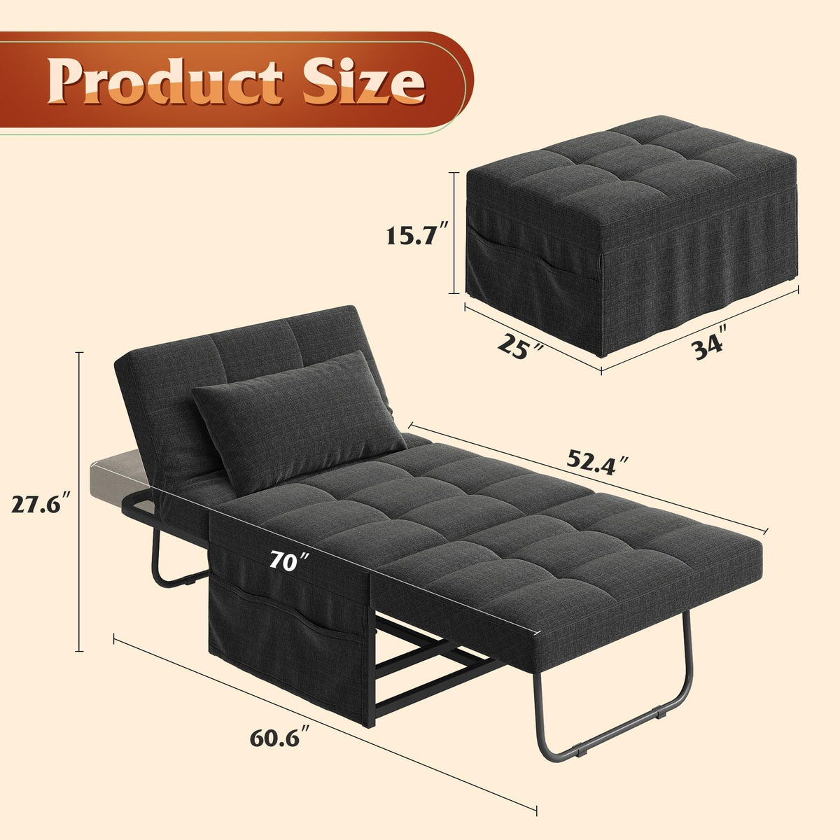 WLIVE Folding Ottoman Bed, 4-in-1 Multi-Function, Convertible Sofa Bed Foot Rest with Adjustable Back for Living Room, Dark Grey