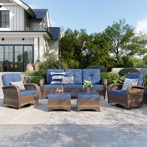 Wicker Patio Conversation Set with Swivel Chairs & Ottomans