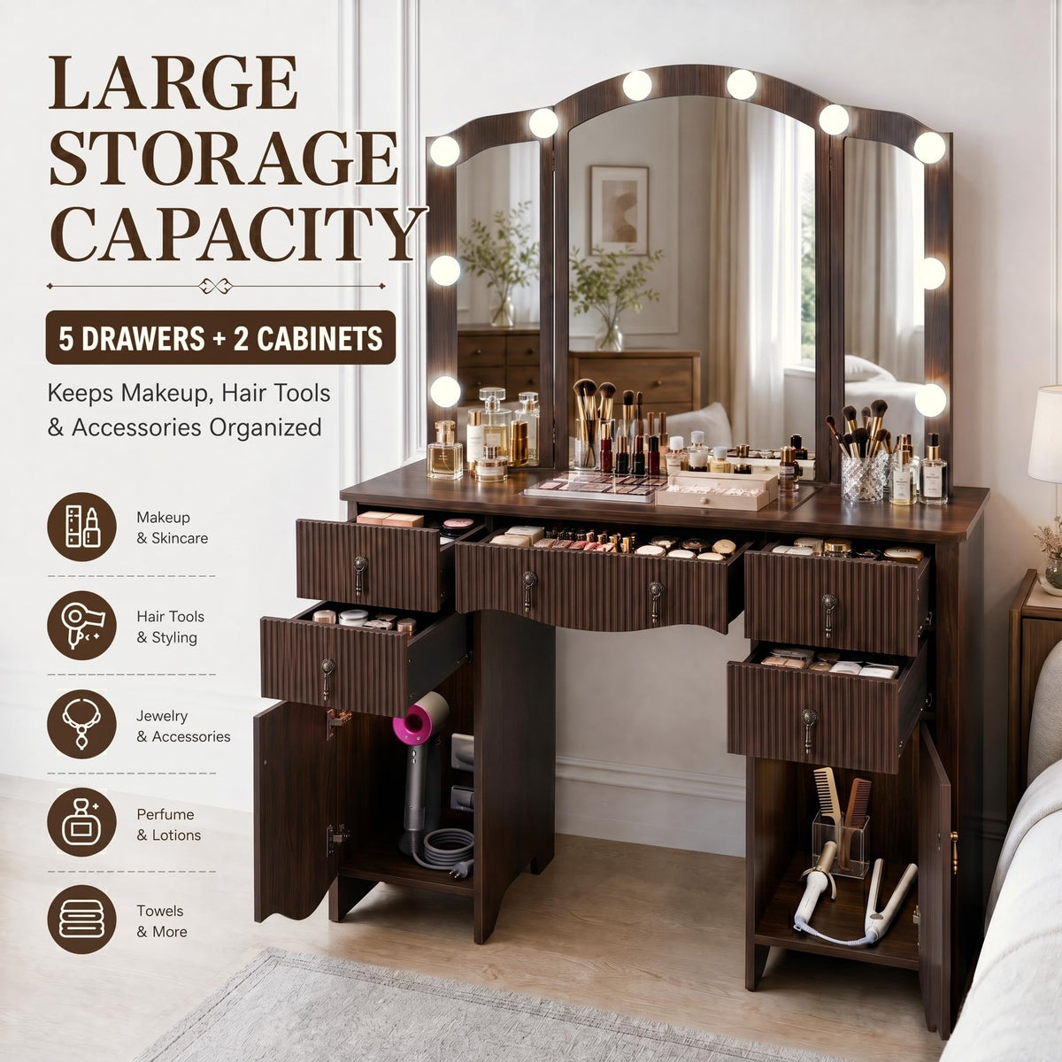 Walnut Vanity Desk with Lighted Mirror