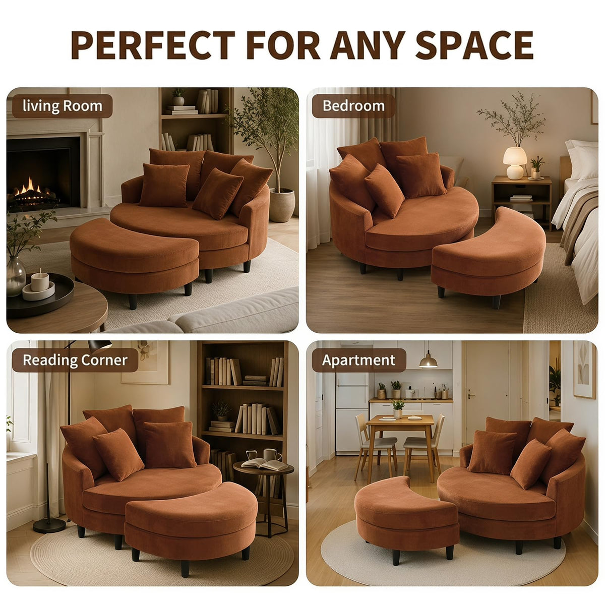 GKUOMEOLE Oversized Accent Barrel Chair Large Round Chair 70.35" Chenille Lounge Chair with Multifunctional Ottoman&5 Throw Pillows Brown