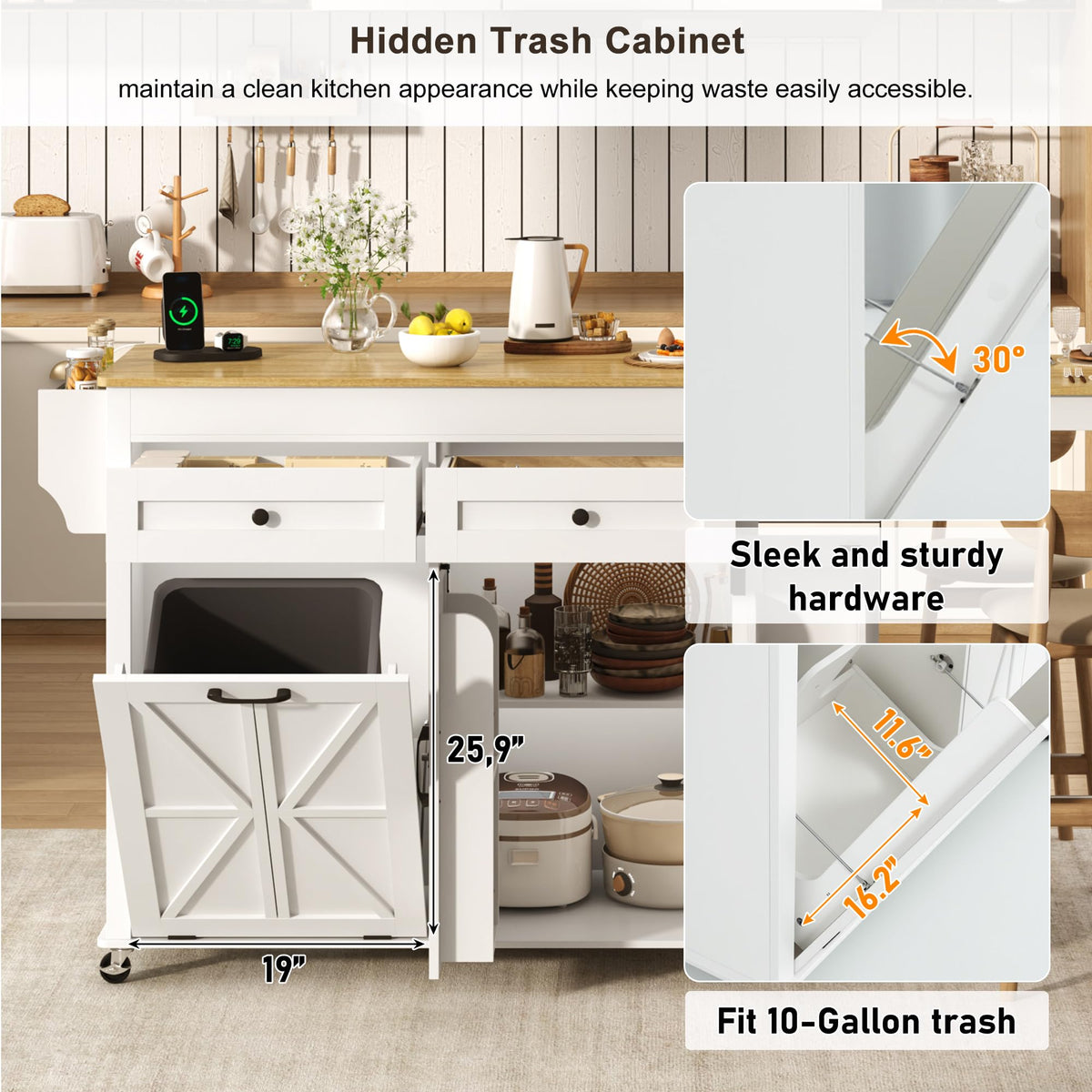 81.6"-51" Extendable Rolling Kitchen Island with Extended Dining Table & Power Outlet, Mobile Kitchen Storage Islands with Trash Cabinet, Large Islands Cart with Storage and 2 Seatings, White