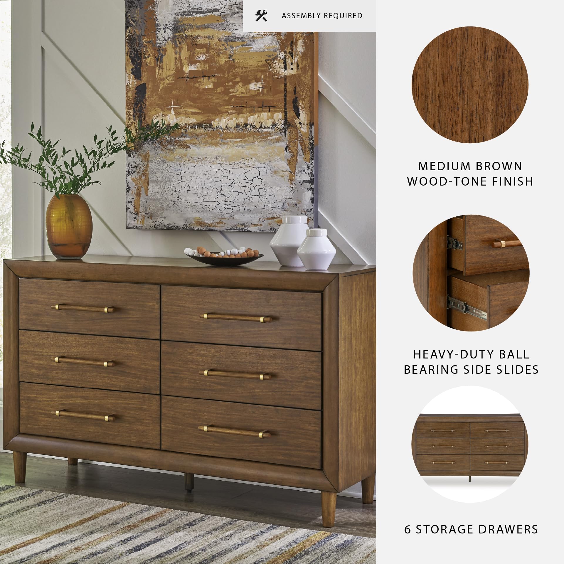 Signature Design by Ashley Lyncott Six-Drawer Dresser, Felt Lined Top Drawers, Round Tapered Legs, Hardwood Solids, 61.25' W x 17.88' D x 37.5' H, Brown
